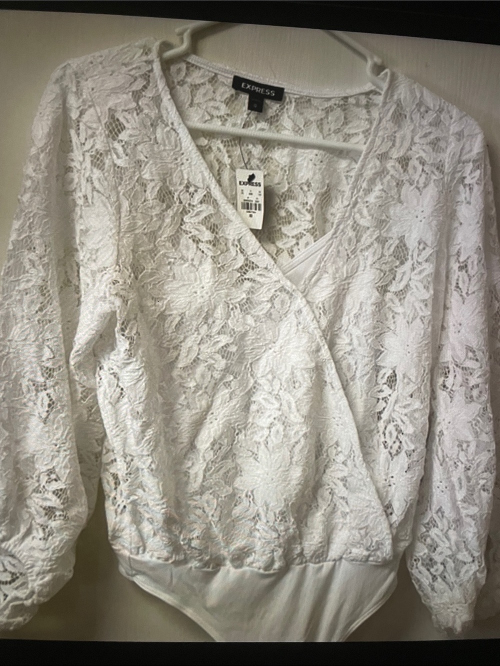 Express White Lace Surplice Long-Sleeve Bodysuit